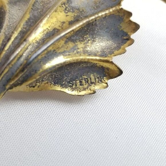 Vintage Sterling Silver Gold Plated Spiral Leaf Design Brooch, Large Estate - Picture 4 of 8